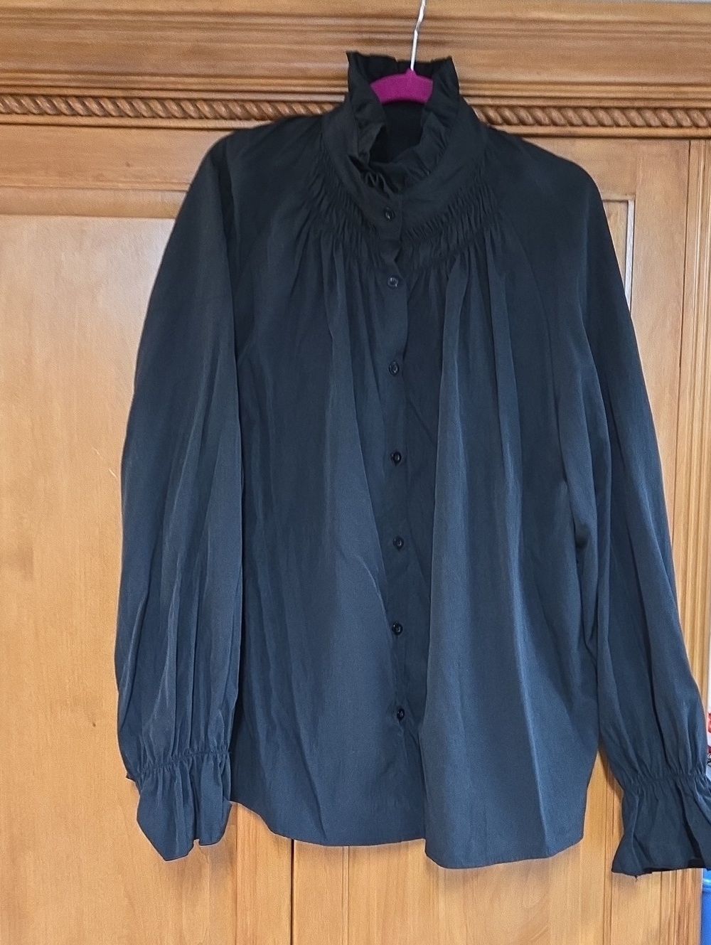 Women's Black Ruffled High-Neck Button-Down Blouse